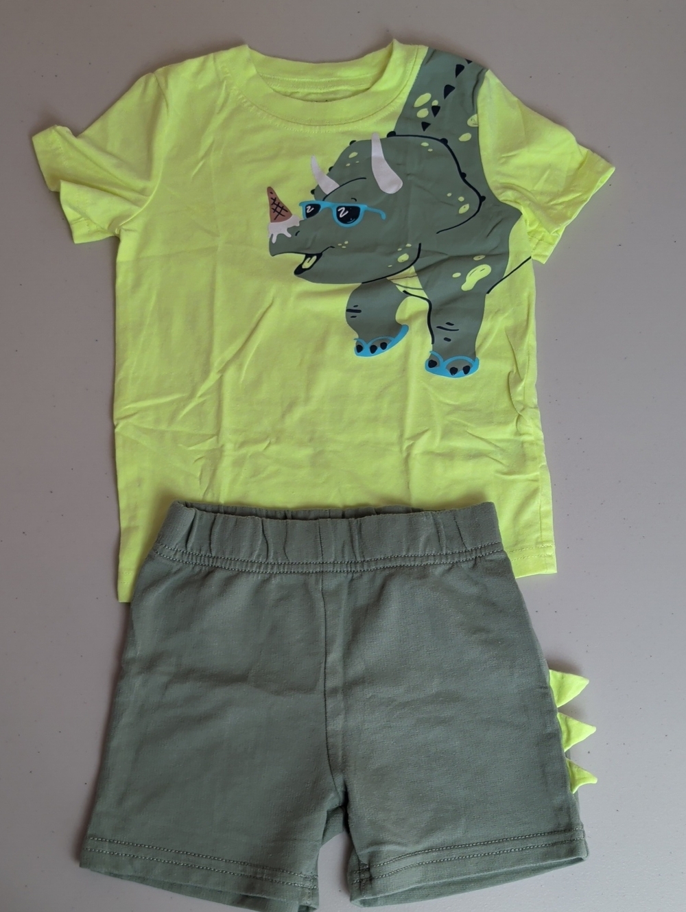 Carter's Neon Yellow & Olive Dinosaur Matching Set